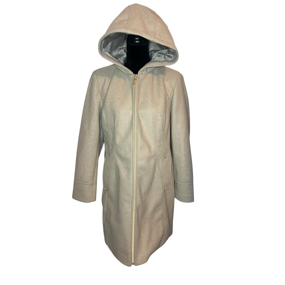 Vince Camuto Coat Womens Size XL Beige‎ Hooded Full Zip Long Lined Pockets